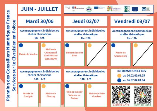 Planning des Conseillers Numériques France Services sur le Civraisien en Poitou